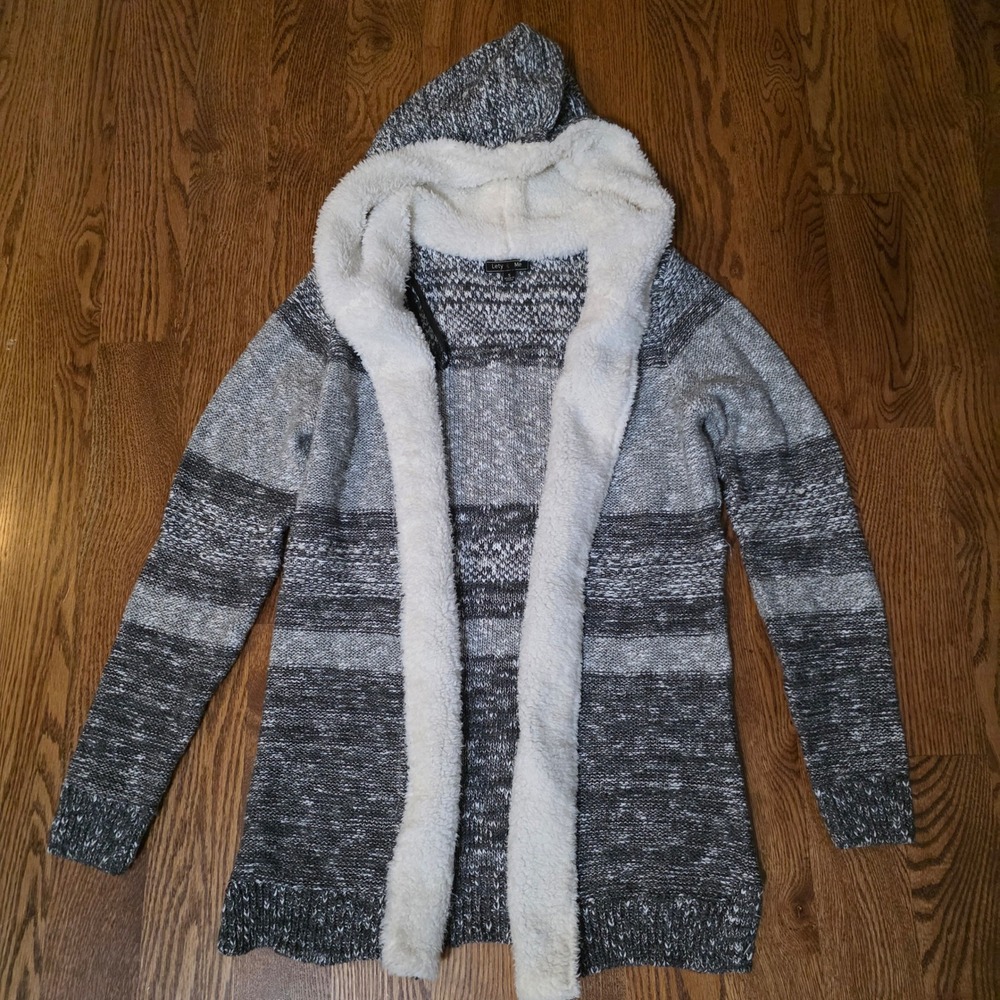 Lety & Me Womens Dockerie Sherpa Trim‎ Hooded Cardigan Grey Size Small